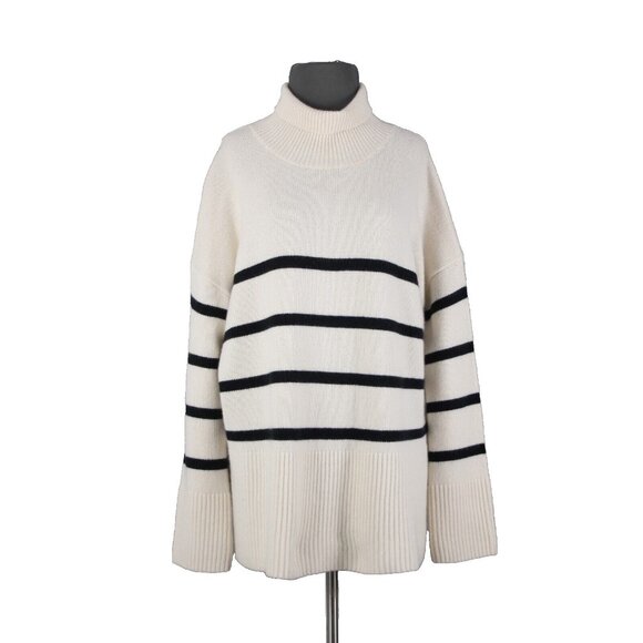 Nordstrom Signature Sz M Beige Black Oversized Turtleneck 100% Cashmere Sweater - Picture 1 of 16